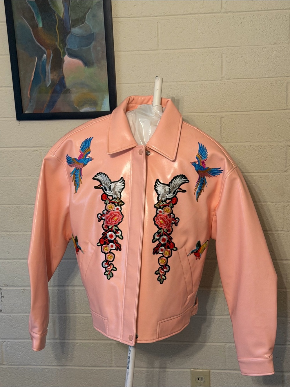 FRNCH Pink Embroidered Bird & Floral Faux Leather Bomber Jacket